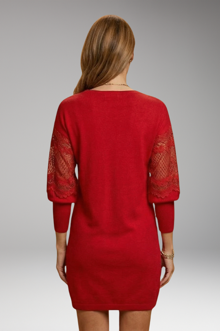 Women's Midi Dress with Lace Sleeves and Elegant Design
