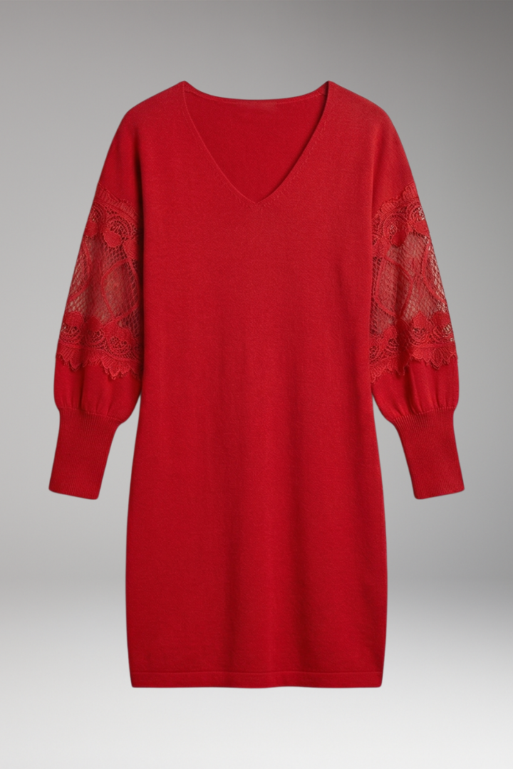 Women's Midi Dress with Lace Sleeves and Elegant Design
