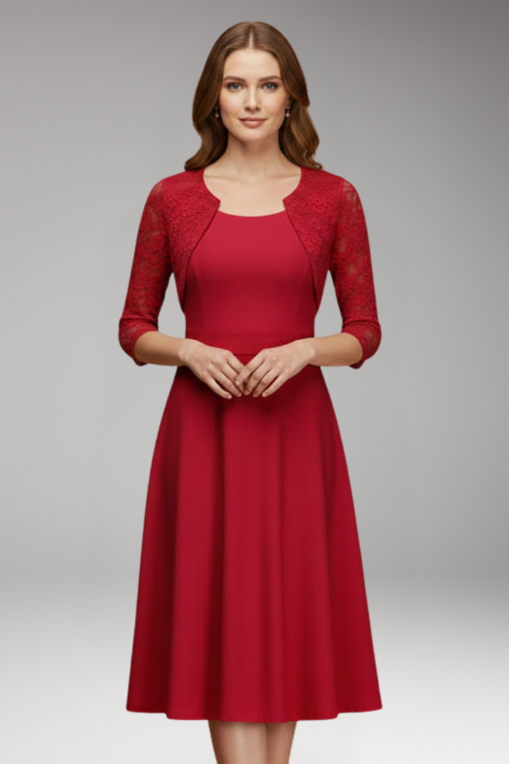 Women's Midi Dress with Lace Sleeves and Swing Skirt