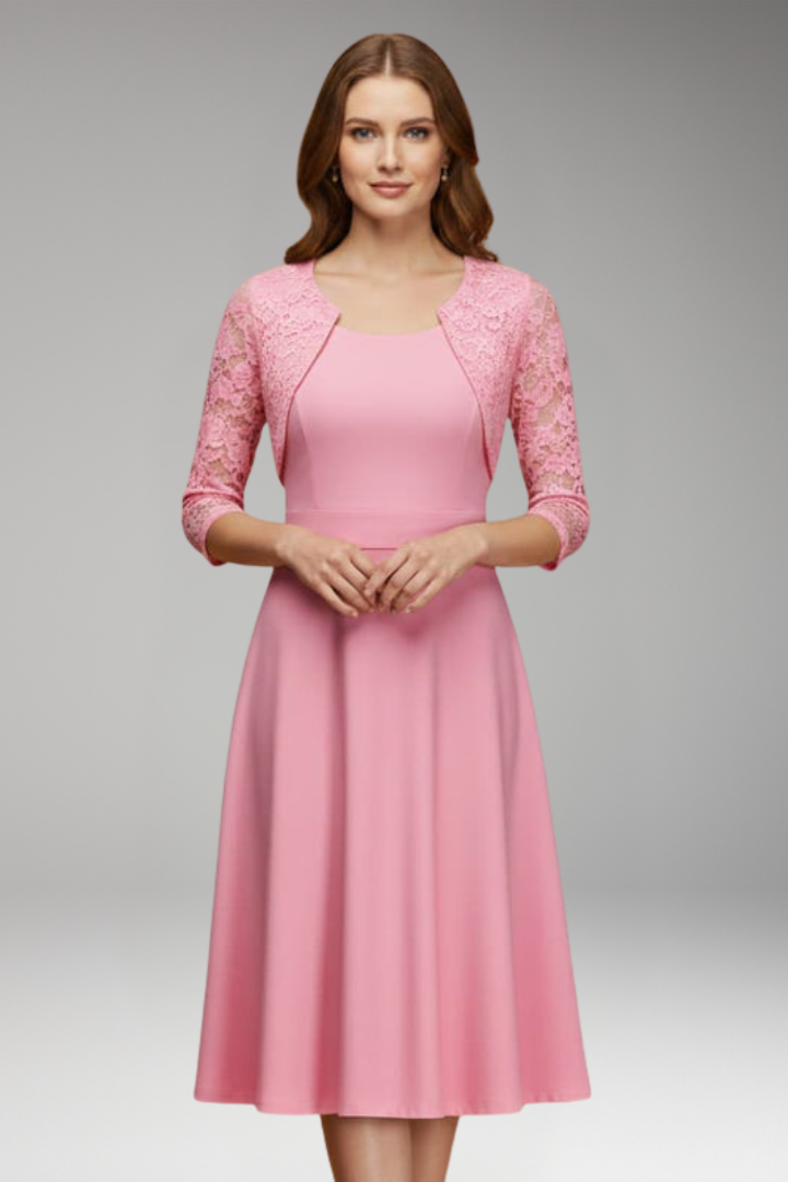 Women's Midi Dress with Lace Sleeves and Swing Skirt