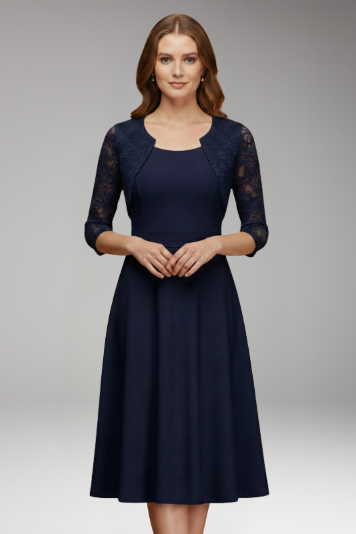 Women's Midi Dress with Lace Sleeves and Swing Skirt