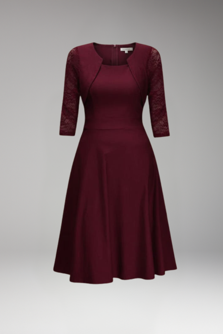 Women's Midi Dress with Lace Sleeves and Swing Skirt