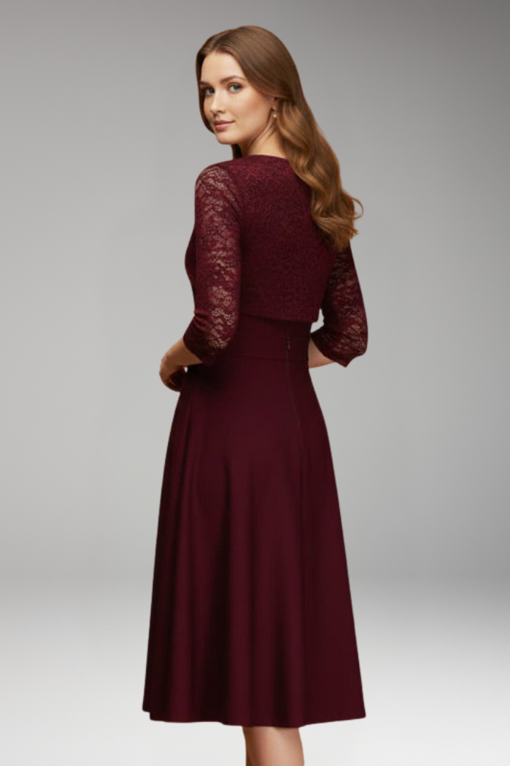 Women's Midi Dress with Lace Sleeves and Swing Skirt