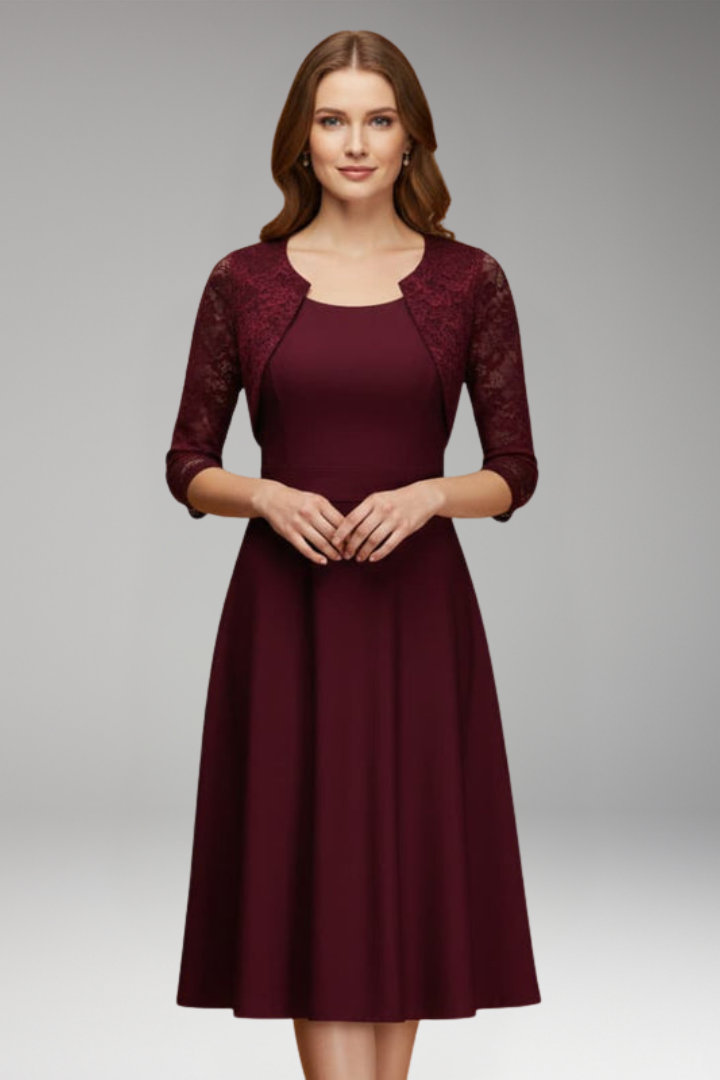 Women's Midi Dress with Lace Sleeves and Swing Skirt