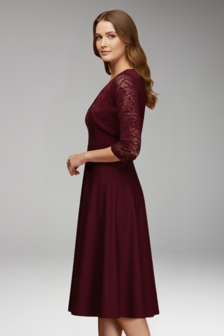 Women's Midi Dress with Lace Sleeves and Swing Skirt