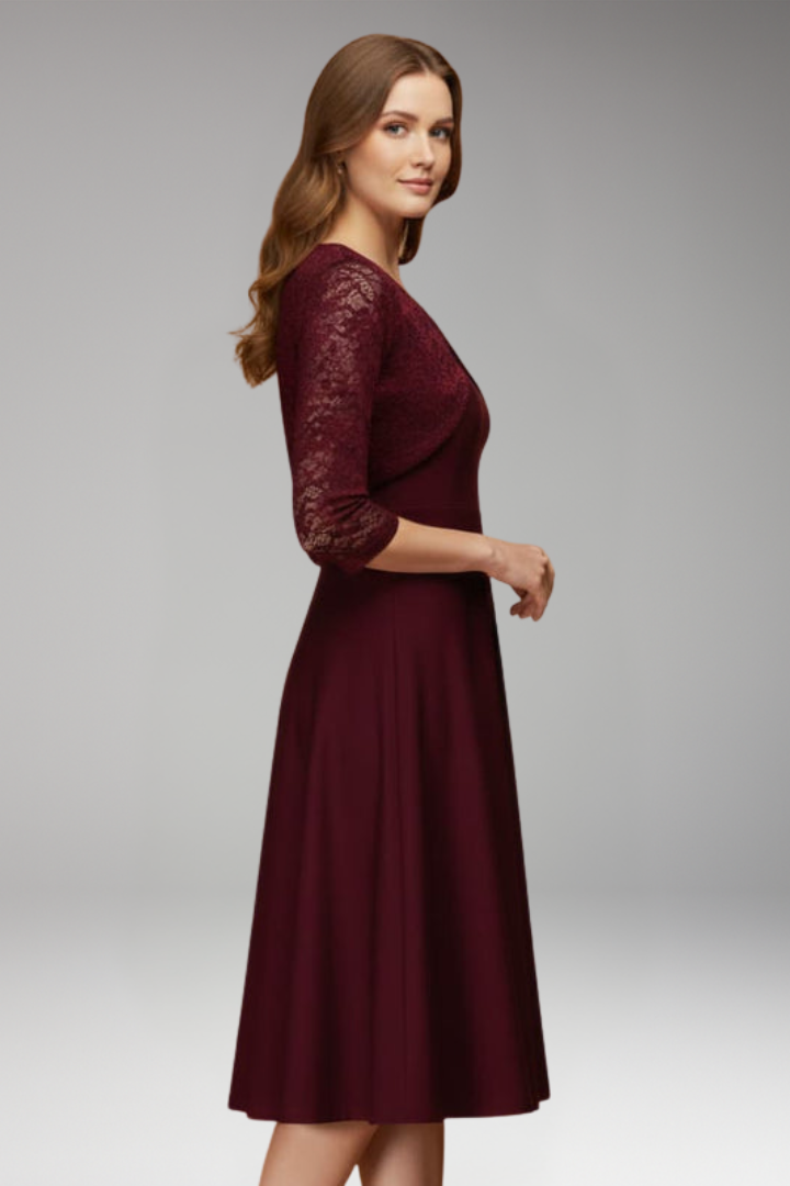 Women's Midi Dress with Lace Sleeves and Swing Skirt