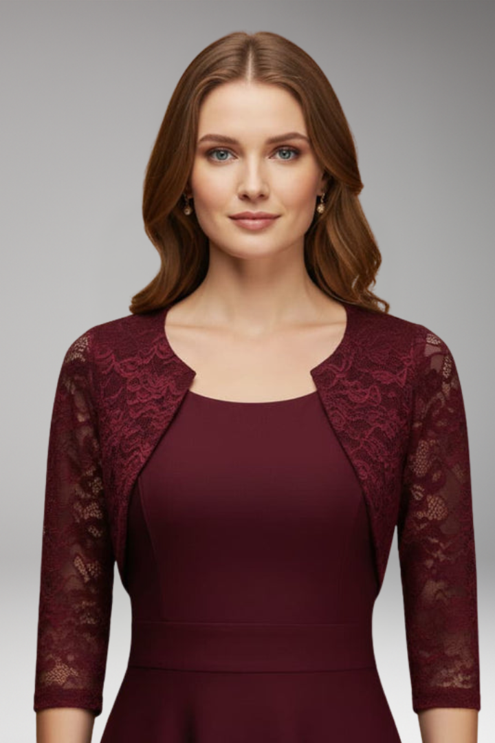 Women's Midi Dress with Lace Sleeves and Swing Skirt