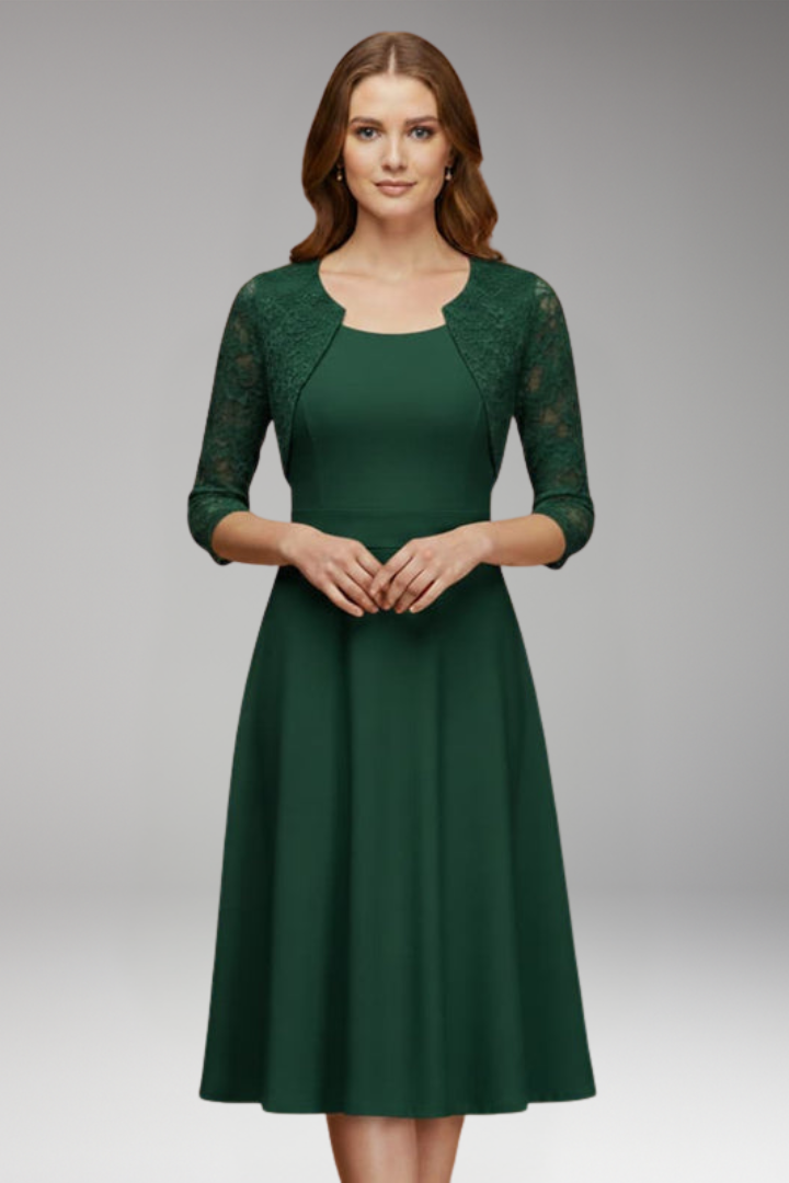 Women's Midi Dress with Lace Sleeves and Swing Skirt
