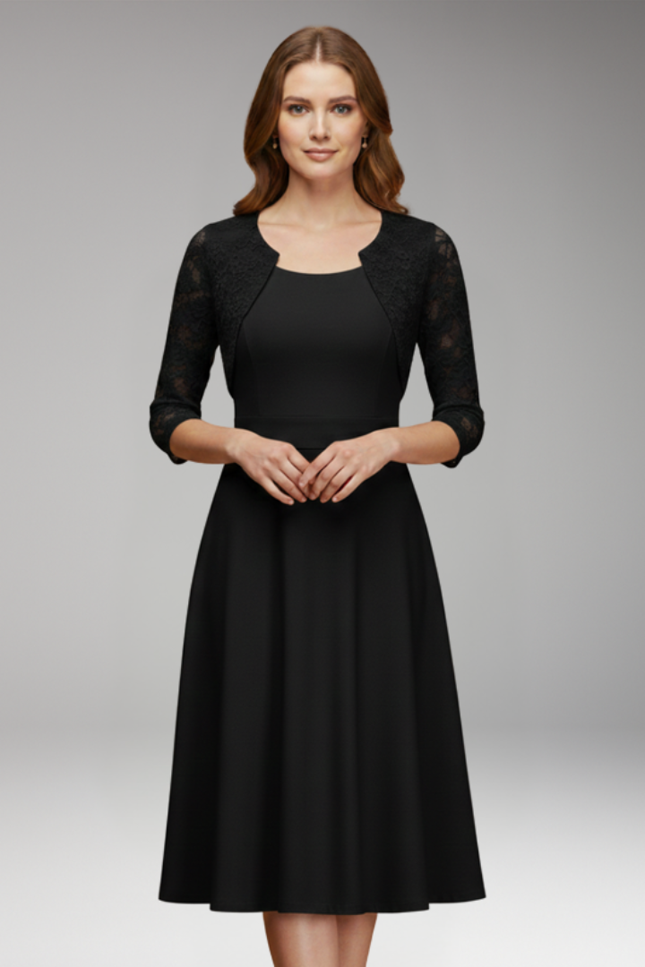 Women's Midi Dress with Lace Sleeves and Swing Skirt