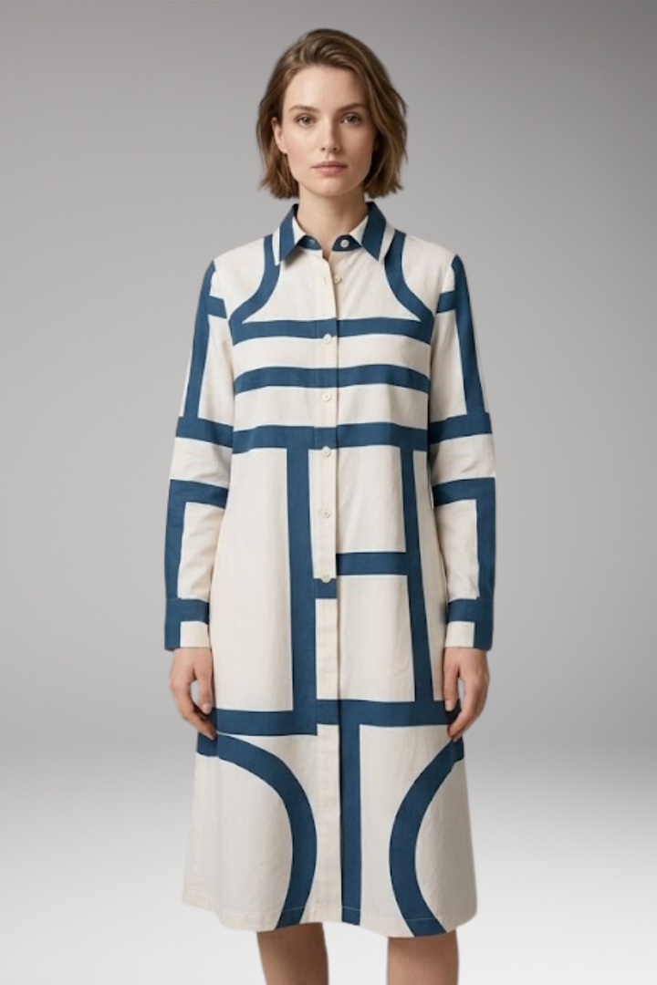 Women's Midi Dress with Long Sleeves and Button'Down Collar