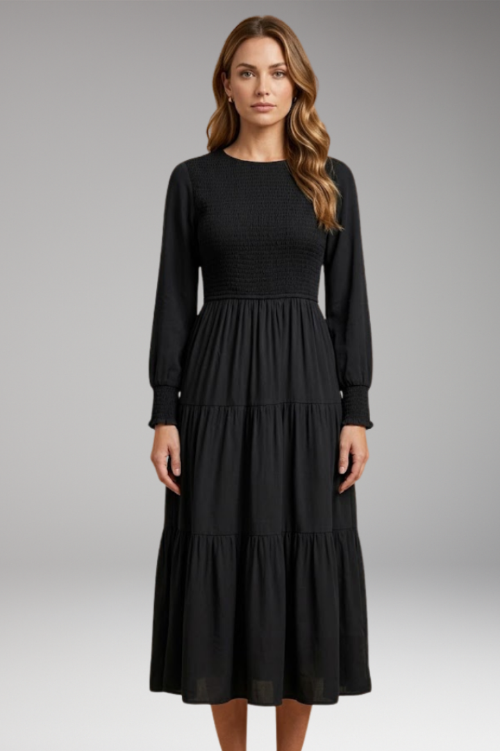 Women's Midi Dress with Long Sleeves and Tiered Design