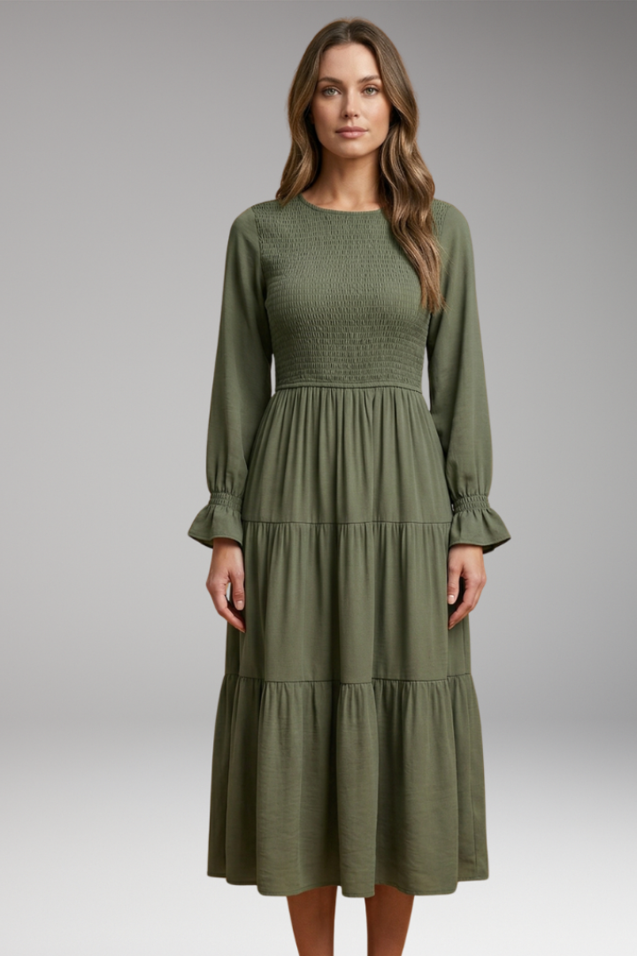 Women's Midi Dress with Long Sleeves and Tiered Design