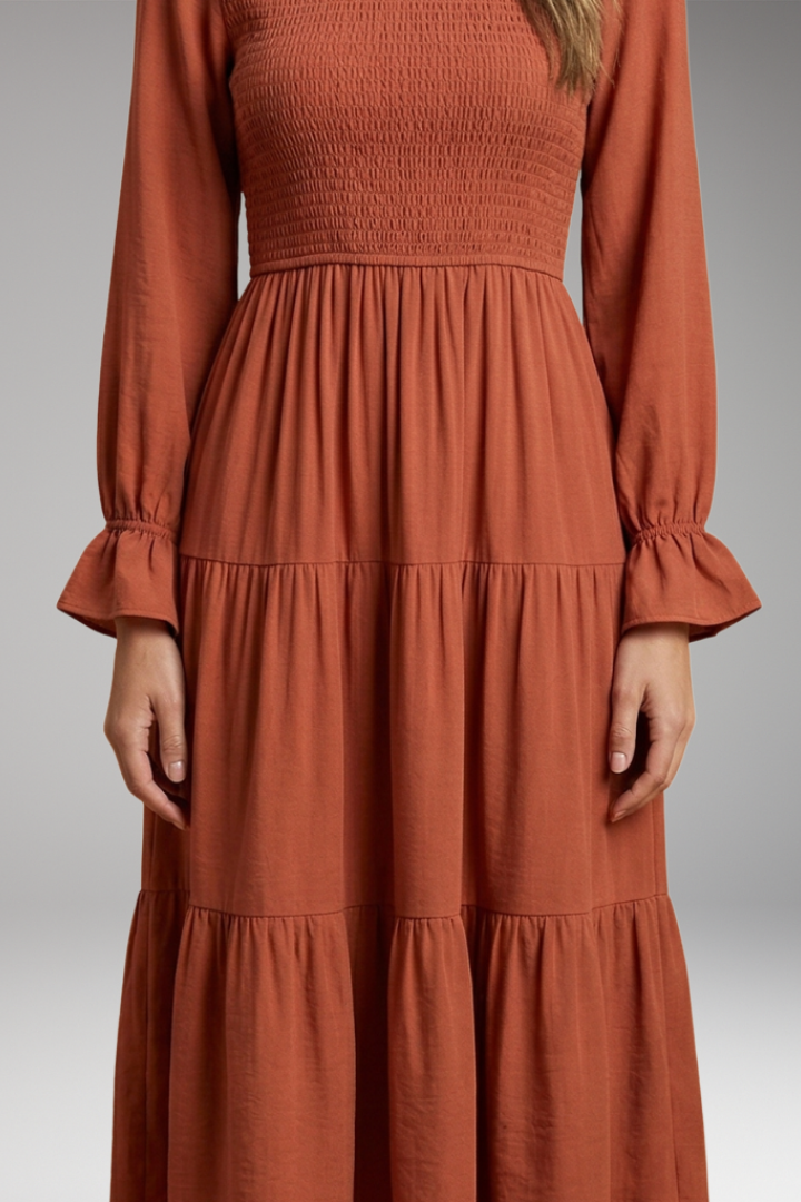 Women's Midi Dress with Long Sleeves and Tiered Design