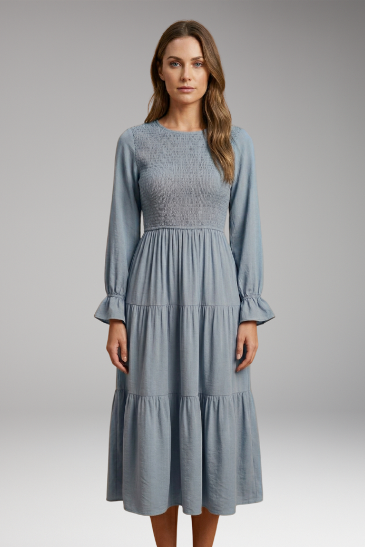 Women's Midi Dress with Long Sleeves and Tiered Design