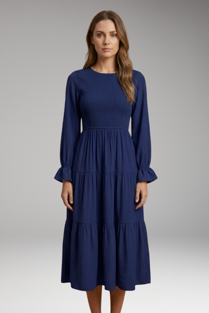 Women's Midi Dress with Long Sleeves and Tiered Design