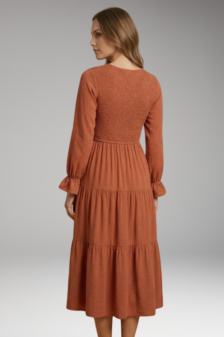 Women's Midi Dress with Long Sleeves and Tiered Design