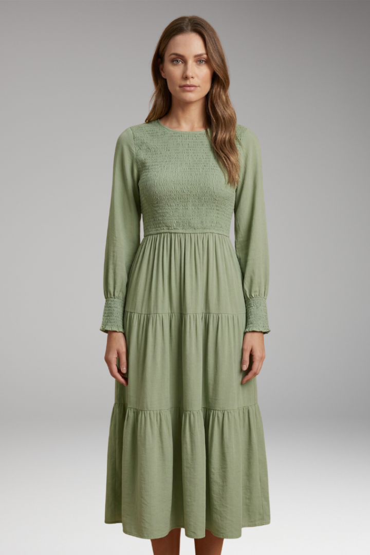 Women's Midi Dress with Long Sleeves and Tiered Design