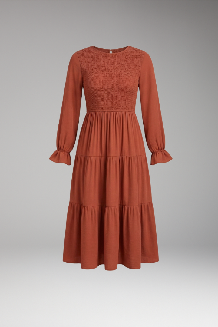 Women's Midi Dress with Long Sleeves and Tiered Design