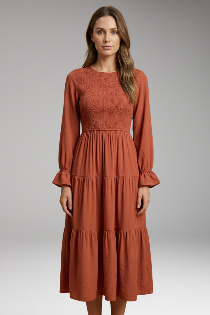 Women's Midi Dress with Long Sleeves and Tiered Design