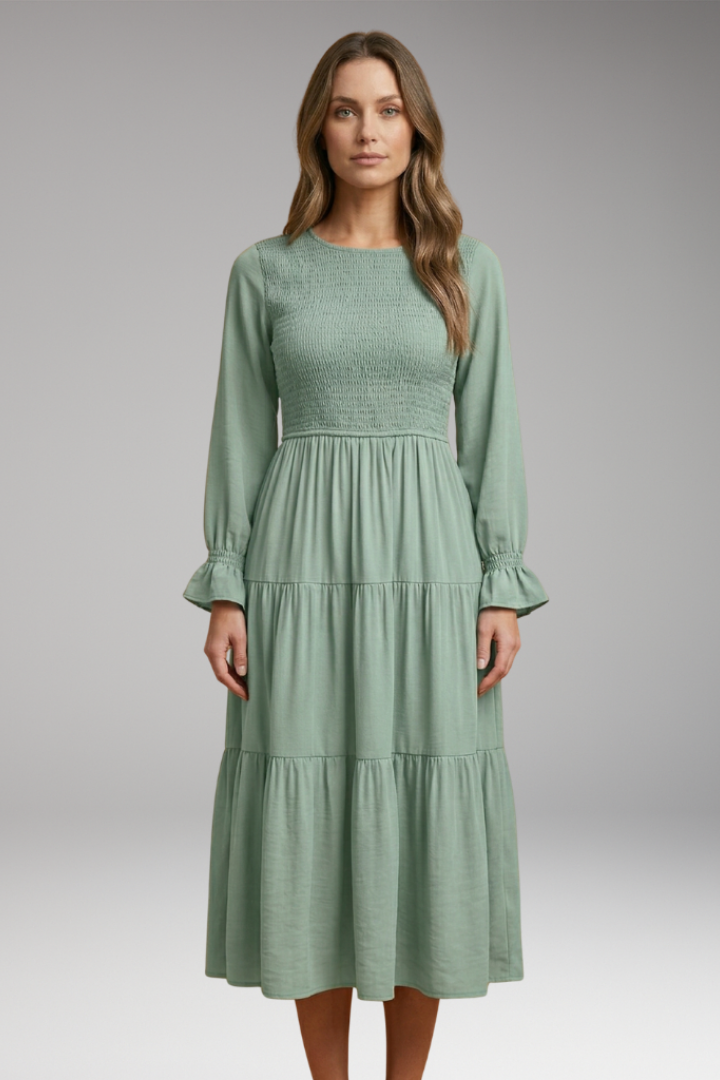 Women's Midi Dress with Long Sleeves and Tiered Design