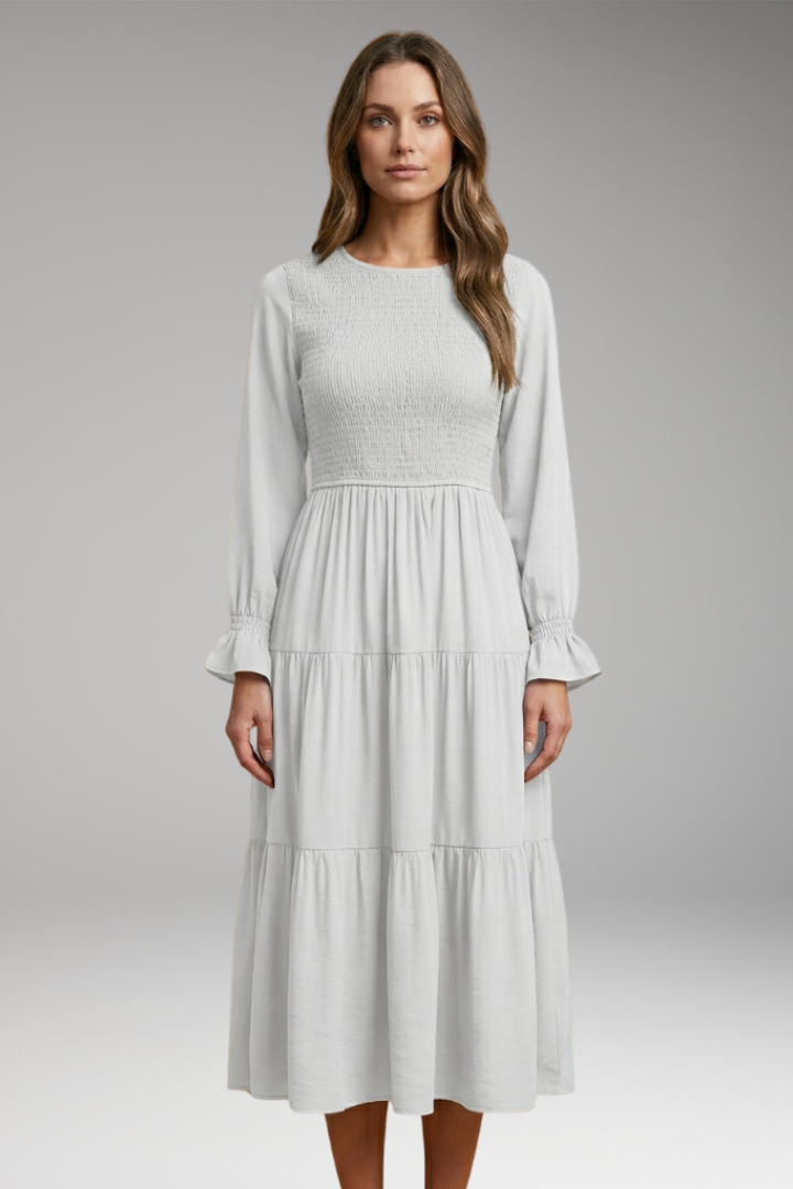Women's Midi Dress with Long Sleeves and Tiered Design