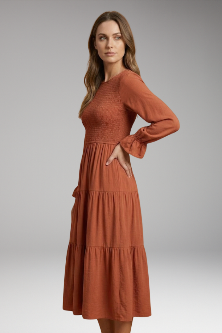 Women's Midi Dress with Long Sleeves and Tiered Design