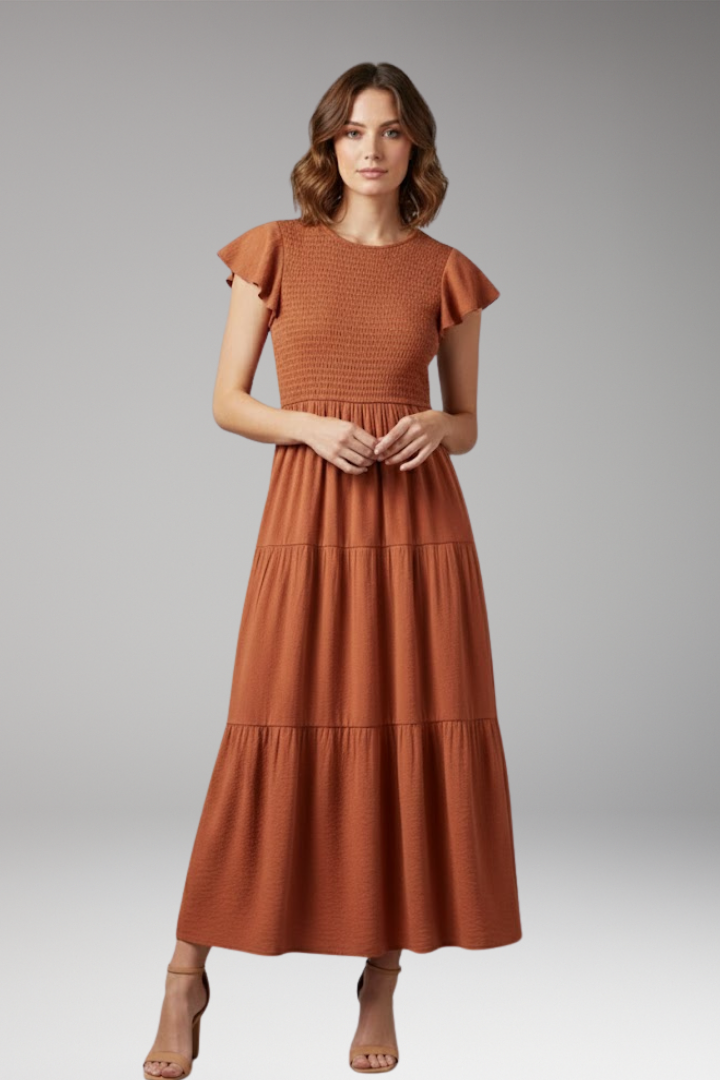 Women's Midi Dress with Short Butterfly Sleeves and Relaxed Fit