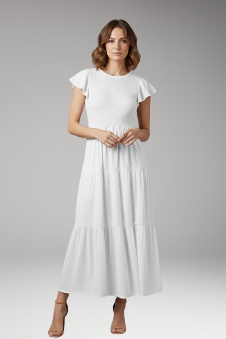 Women's Midi Dress with Short Butterfly Sleeves and Relaxed Fit
