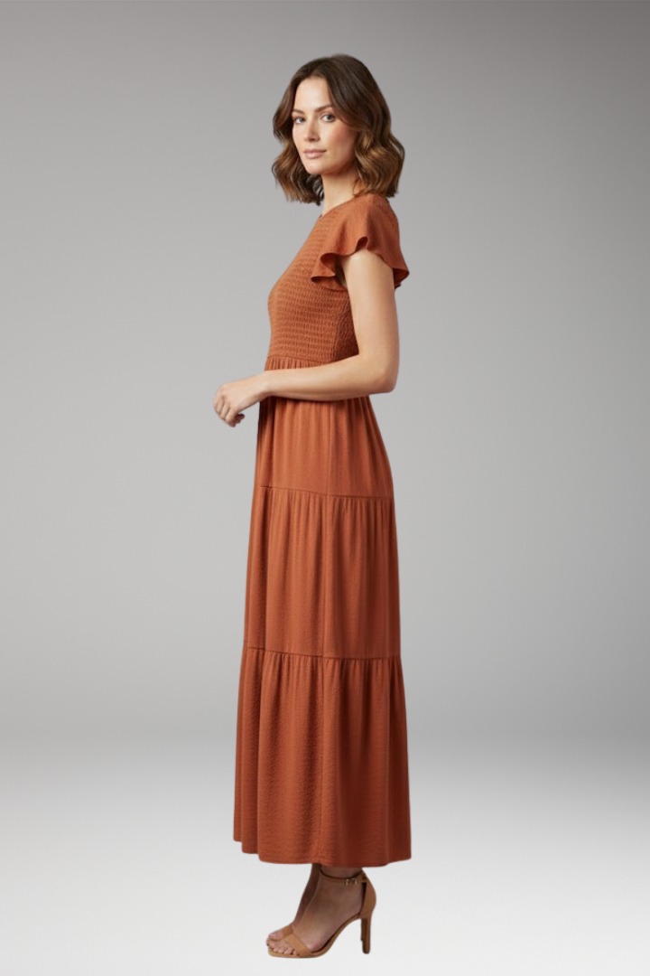 Women's Midi Dress with Short Butterfly Sleeves and Relaxed Fit
