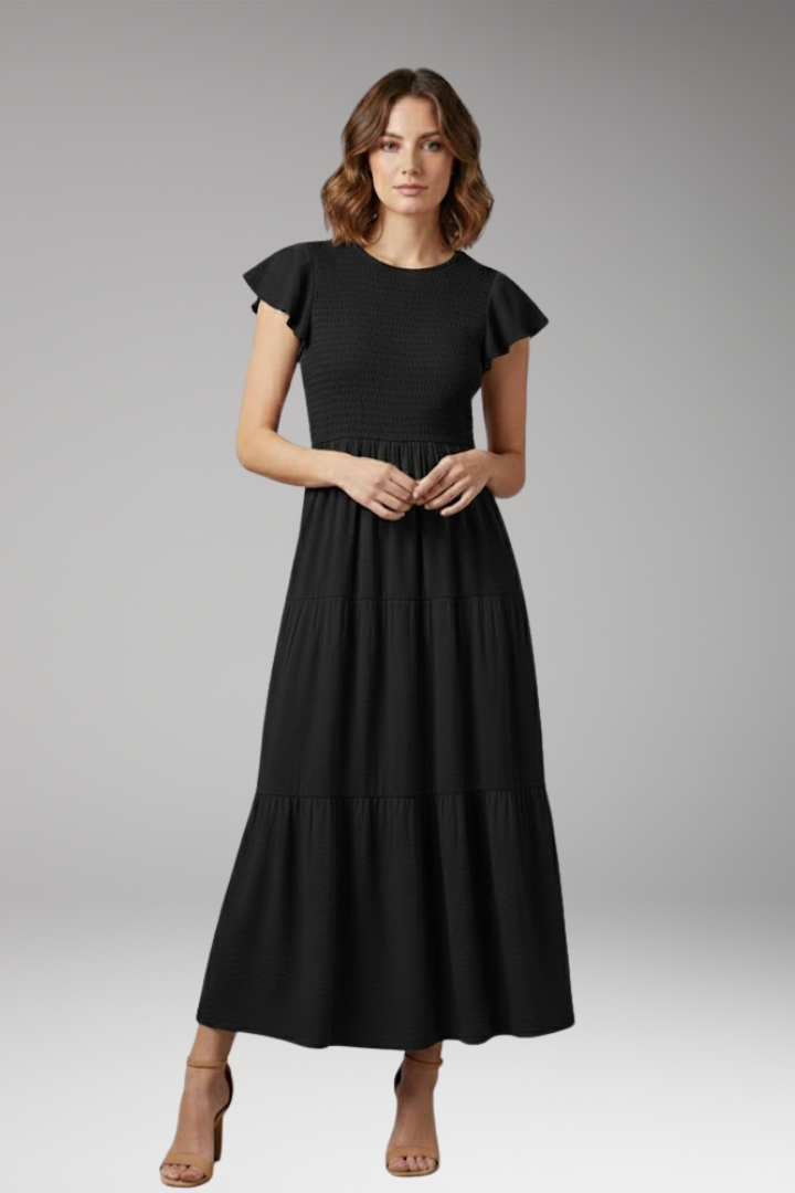 Women's Midi Dress with Short Butterfly Sleeves and Relaxed Fit