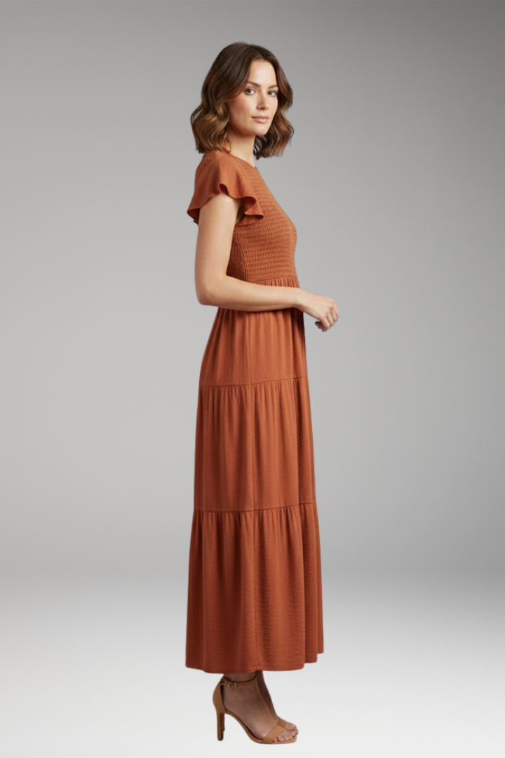 Women's Midi Dress with Short Butterfly Sleeves and Relaxed Fit
