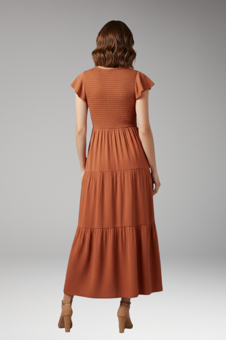 Women's Midi Dress with Short Butterfly Sleeves and Relaxed Fit