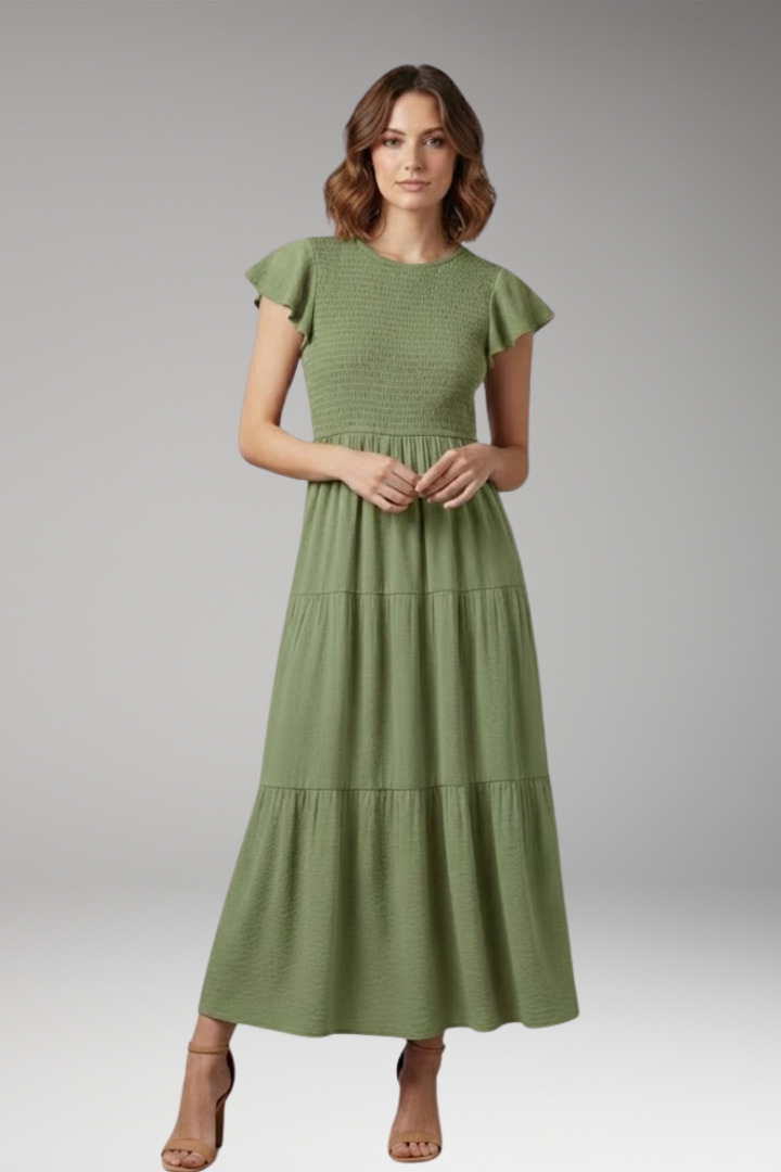 Women's Midi Dress with Short Butterfly Sleeves and Relaxed Fit