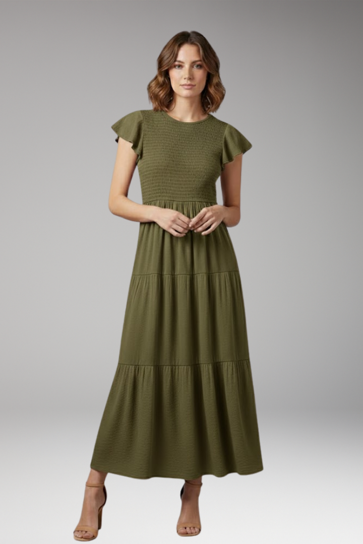Women's Midi Dress with Short Butterfly Sleeves and Relaxed Fit