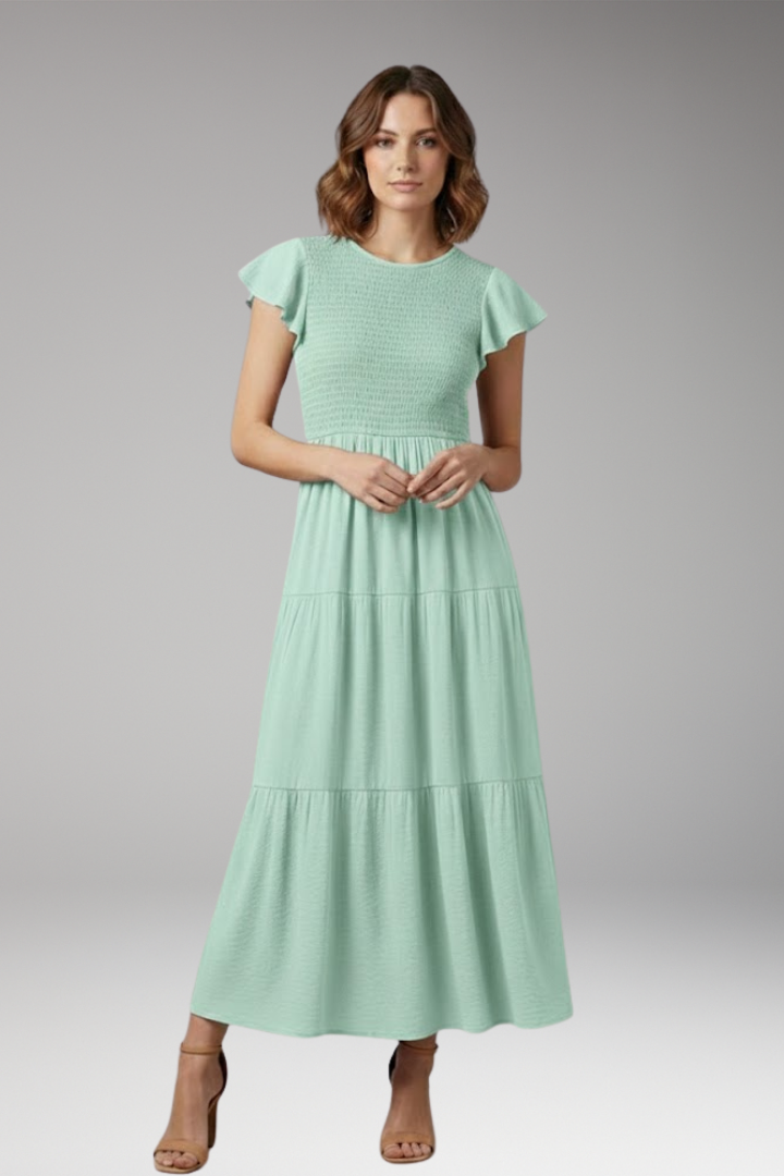 Women's Midi Dress with Short Butterfly Sleeves and Relaxed Fit