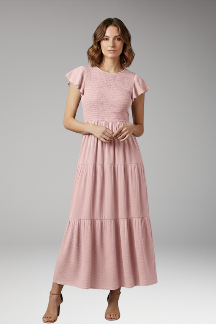 Women's Midi Dress with Short Butterfly Sleeves and Relaxed Fit