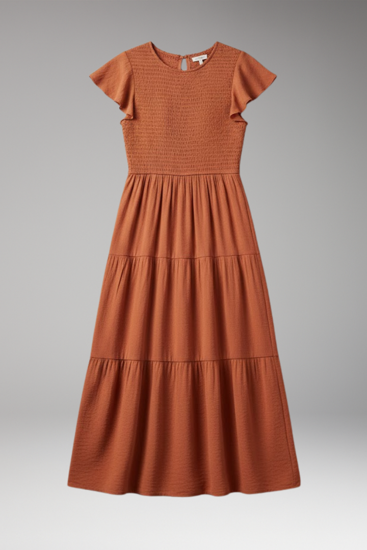 Women's Midi Dress with Short Butterfly Sleeves and Relaxed Fit