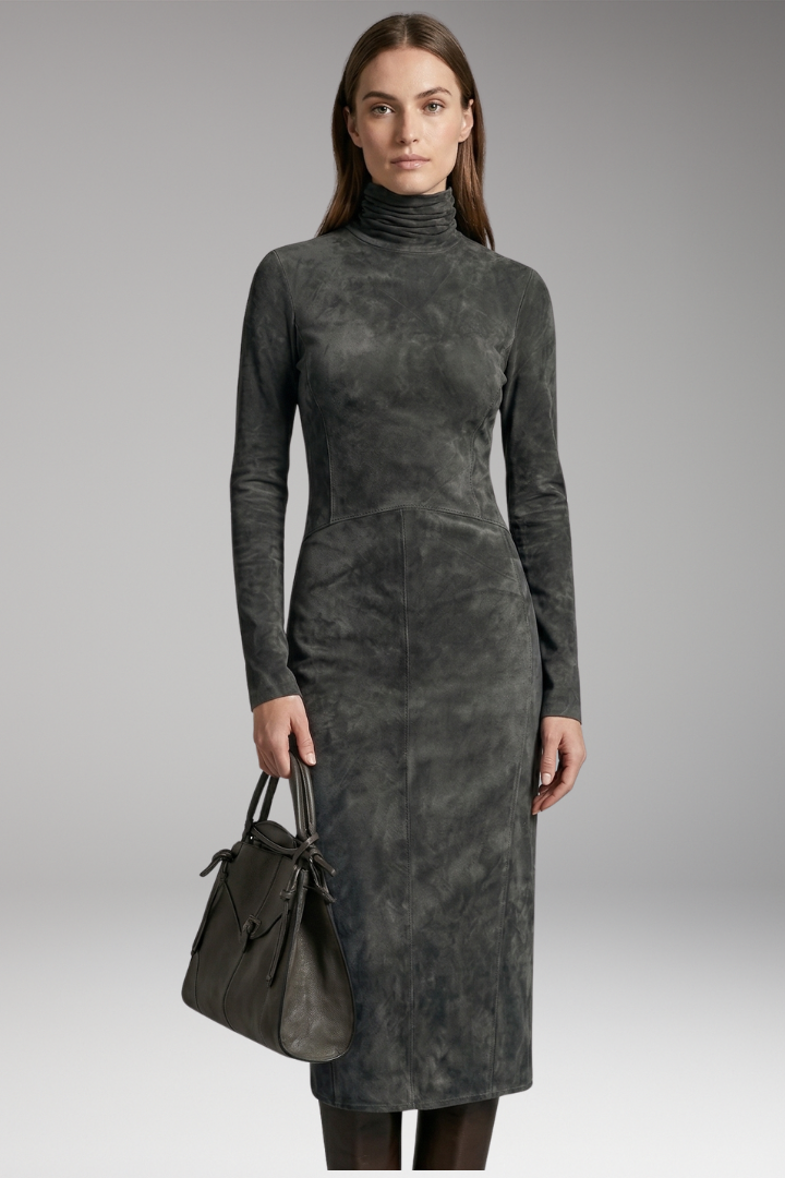 Women's Midi Dress with Turtleneck and Long Sleeves