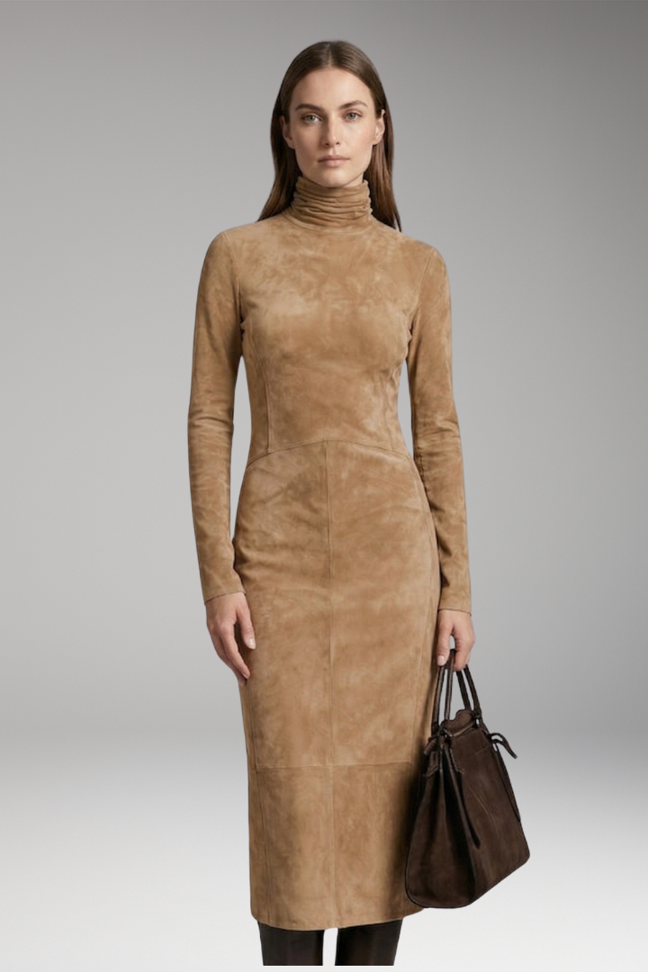 Women's Midi Dress with Turtleneck and Long Sleeves