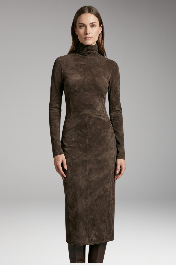 Women's Midi Dress with Turtleneck and Long Sleeves