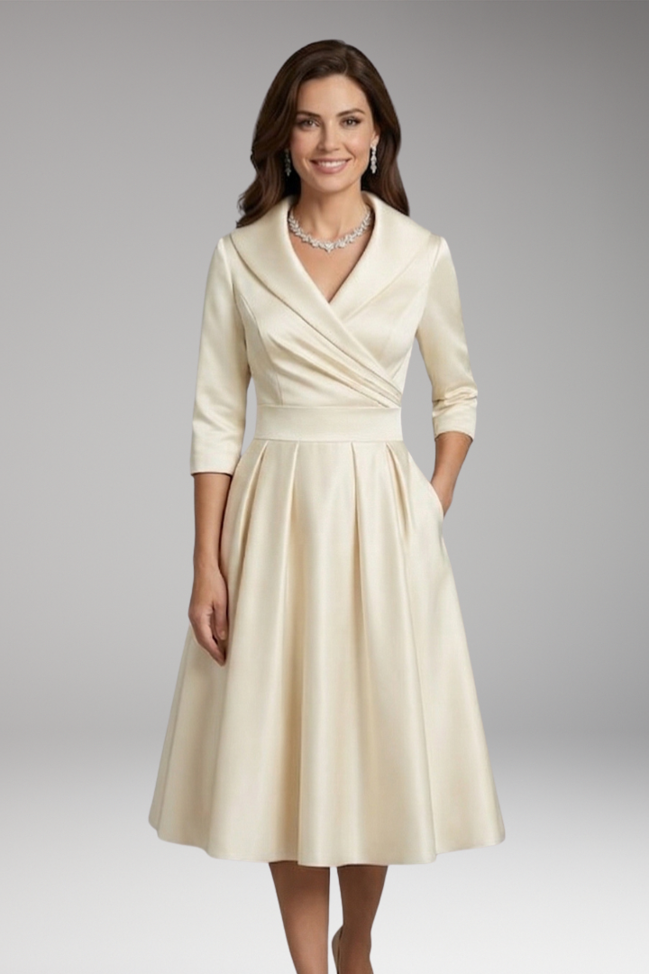 Women's Midi Dress with V-Neck and Flared Skirt
