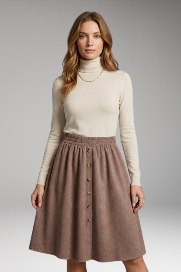 Women's Midi Skirt with High-Waist and Elastic Waistband