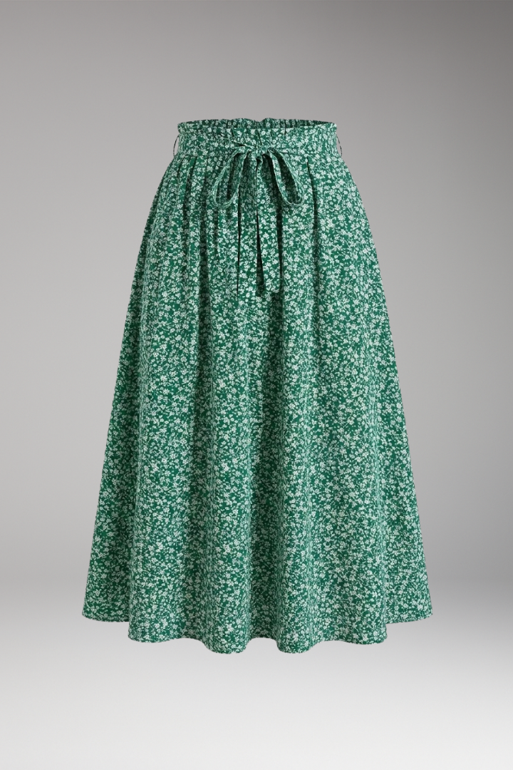 Women's Midi Skirt with High-Waist and Floral Print