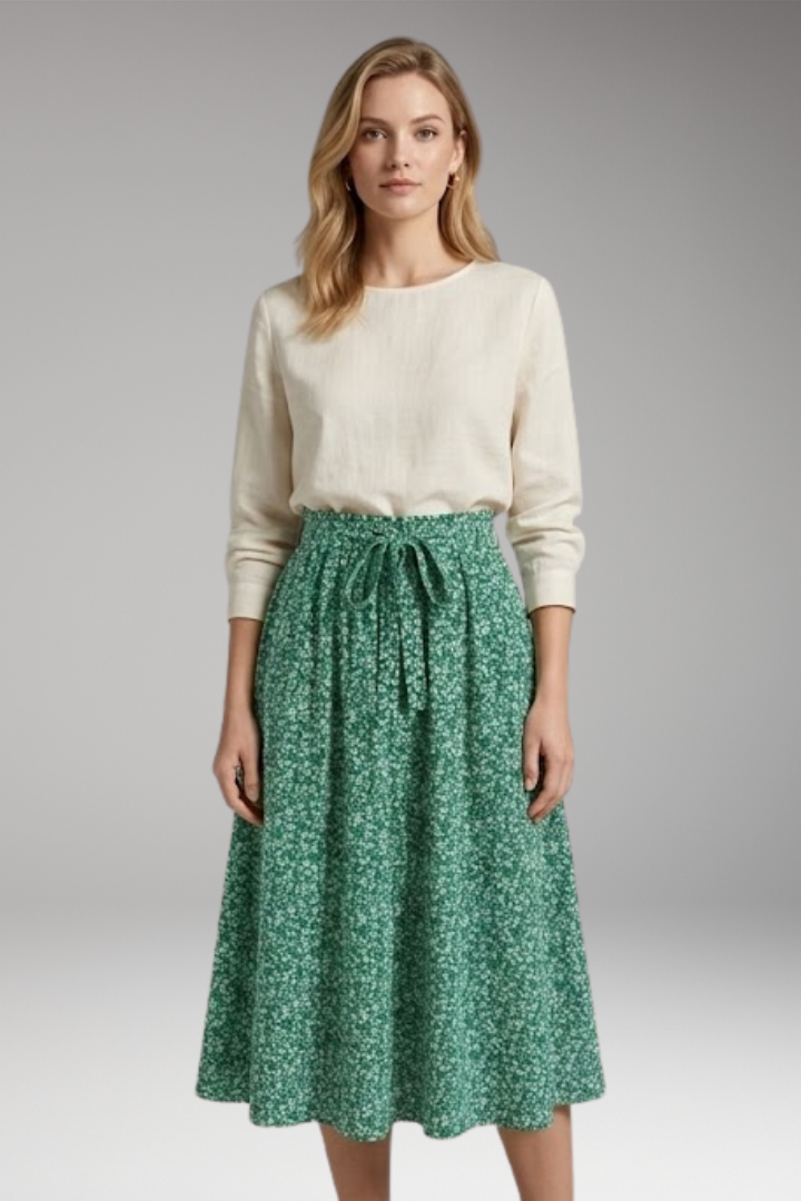 Women's Midi Skirt with High-Waist and Floral Print