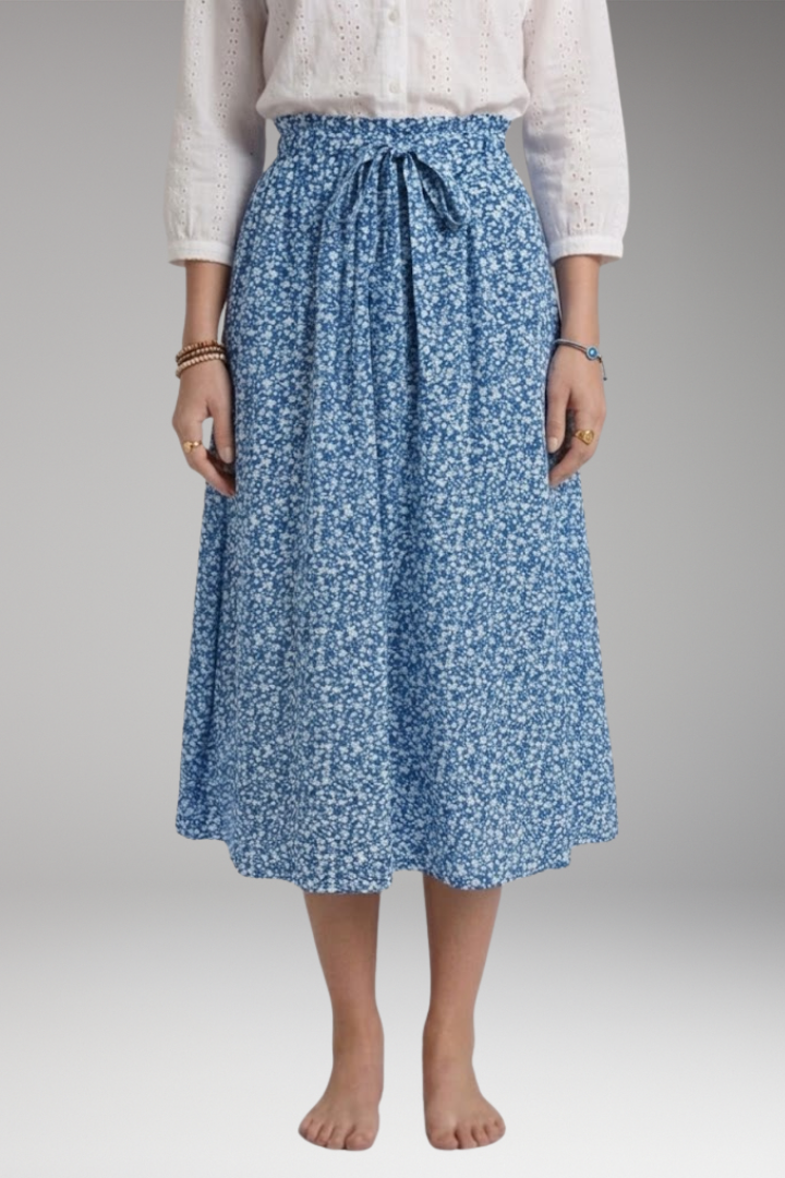 Women's Midi Skirt with High-Waist and Floral Print