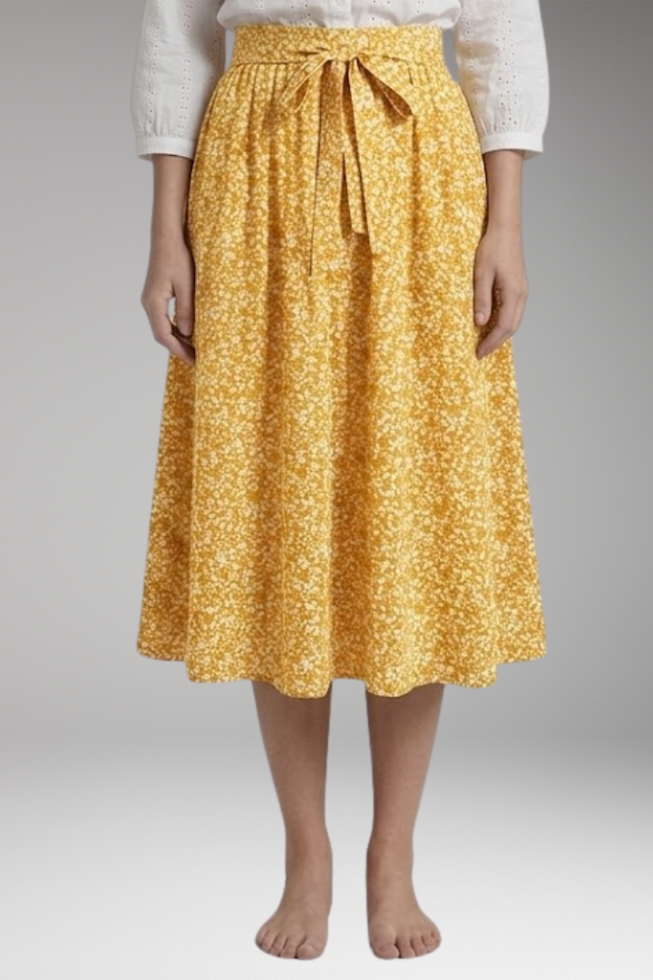 Women's Midi Skirt with High-Waist and Floral Print
