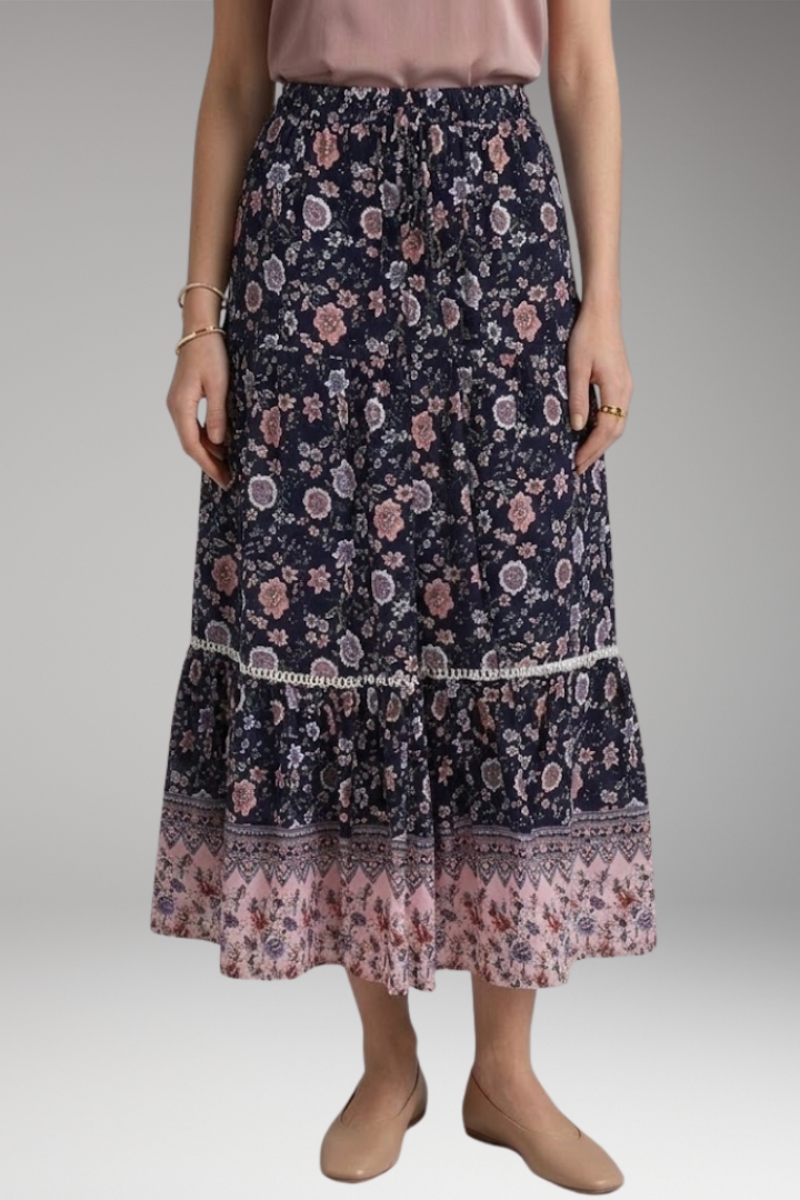 Women's Midi Skirt with High-Waist and Hemmed Bottom