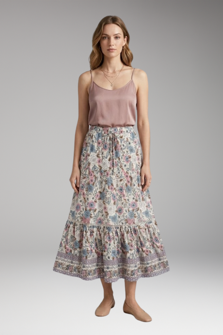 Women's Midi Skirt with High-Waist and Hemmed Bottom