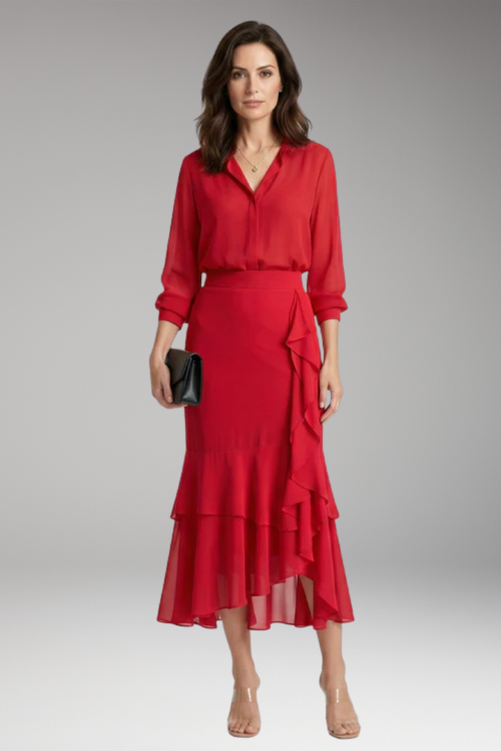 Women's Midi Skirt with High-Waist and High-Low Hem