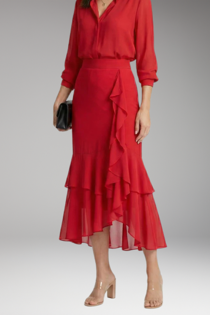 Women's Midi Skirt with High-Waist and High-Low Hem